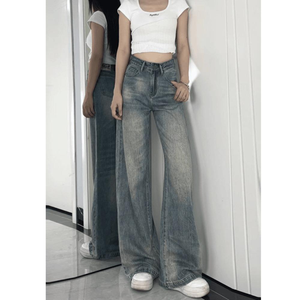 Women's High Rise Wide Leg Jeans Loose Fit Straight Cut Vintage Washed Denim Pants Draping Floor