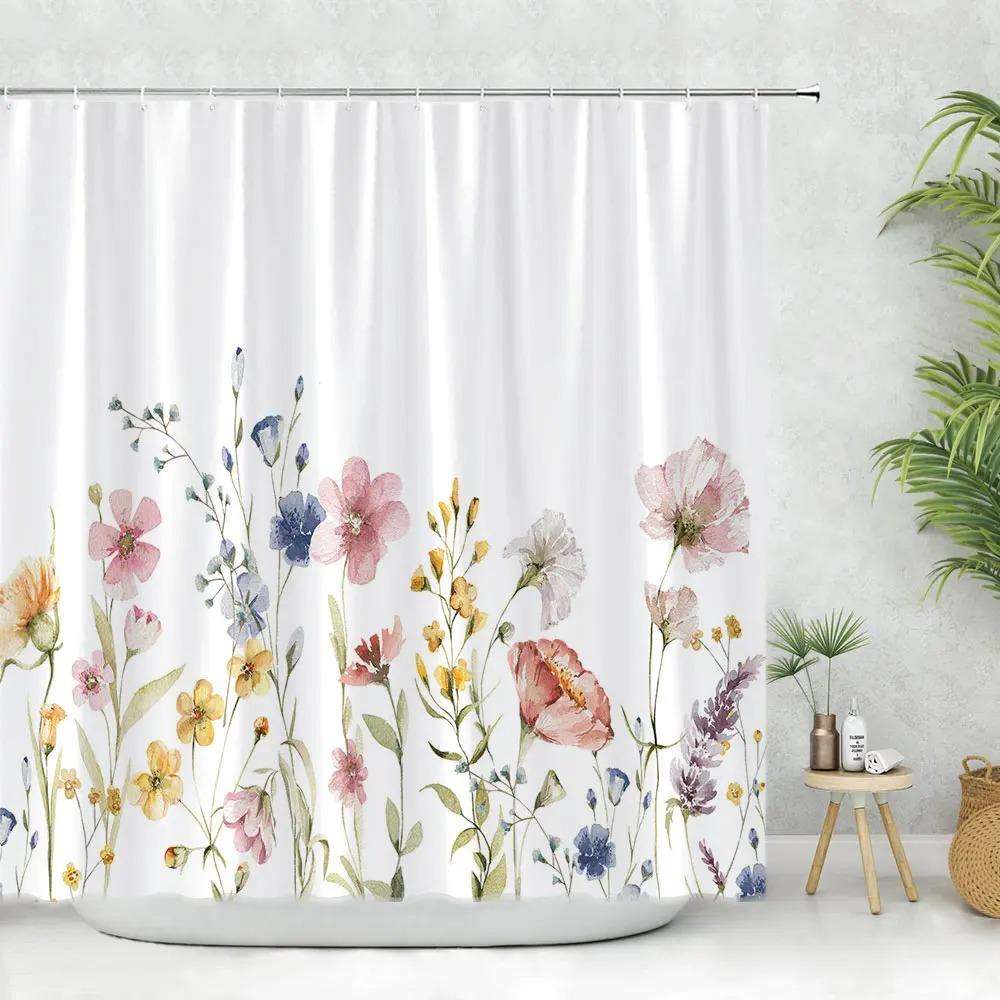 Beautiful Spring Greenery Floral Shower Curtain Eucalyptus Leaves Tropical Leaves Polyester Washable Buth Curtain Bathroom Decor