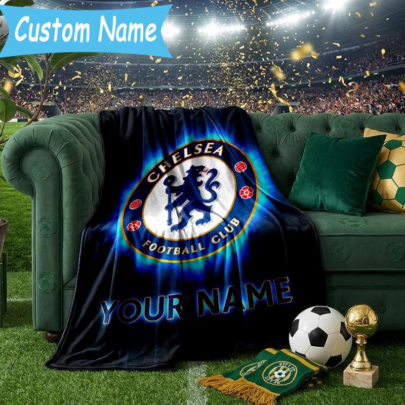 Custom Name Chelsea Football Club Crest Flannel Blanket, Use for Birthday/Holiday Gift, Soft Blanket for Sofa/Bed/Camping/Office, Home Decor