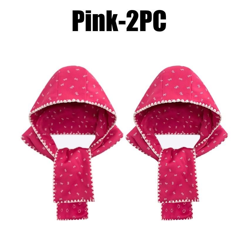 Korean Style Print Bow Hat Scarf Winter Warm Fleece Lined Cute Women Beanie Neck Warmer Integrated Fashion Accessory