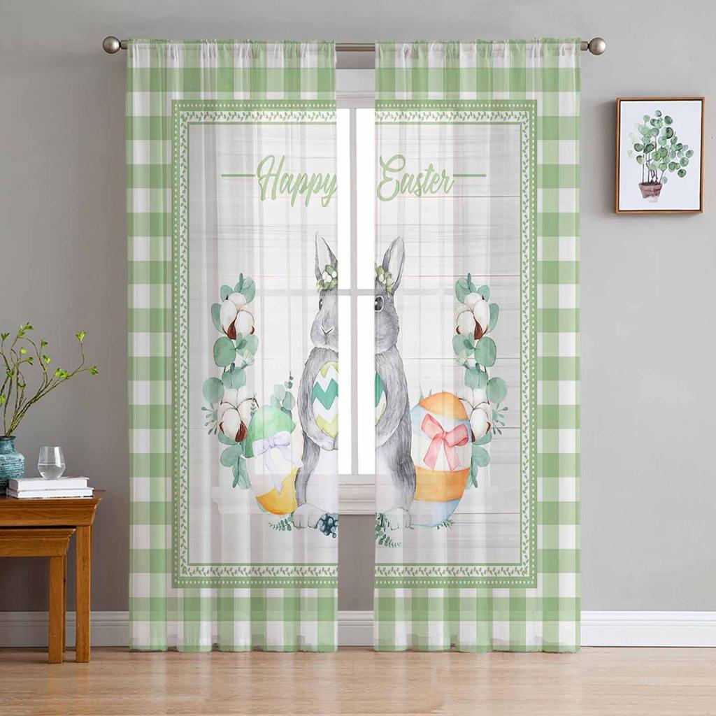 Easter Bunny Colored Eggs Cotton Watercolor Tulle Sheer Curtains For Living Room Bedroom Kitchen For Windows Voile Drapes