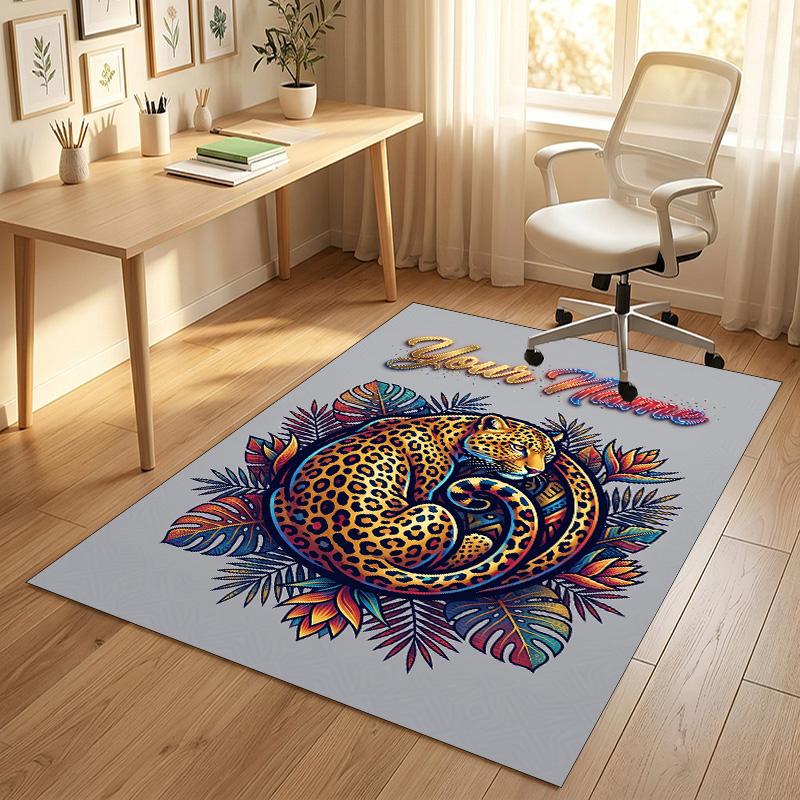 Leopard Print Theme Soft Crystal Velvet Rug Custom Name & Text Print Non Slip Floor Rug for Bedroom Living Room