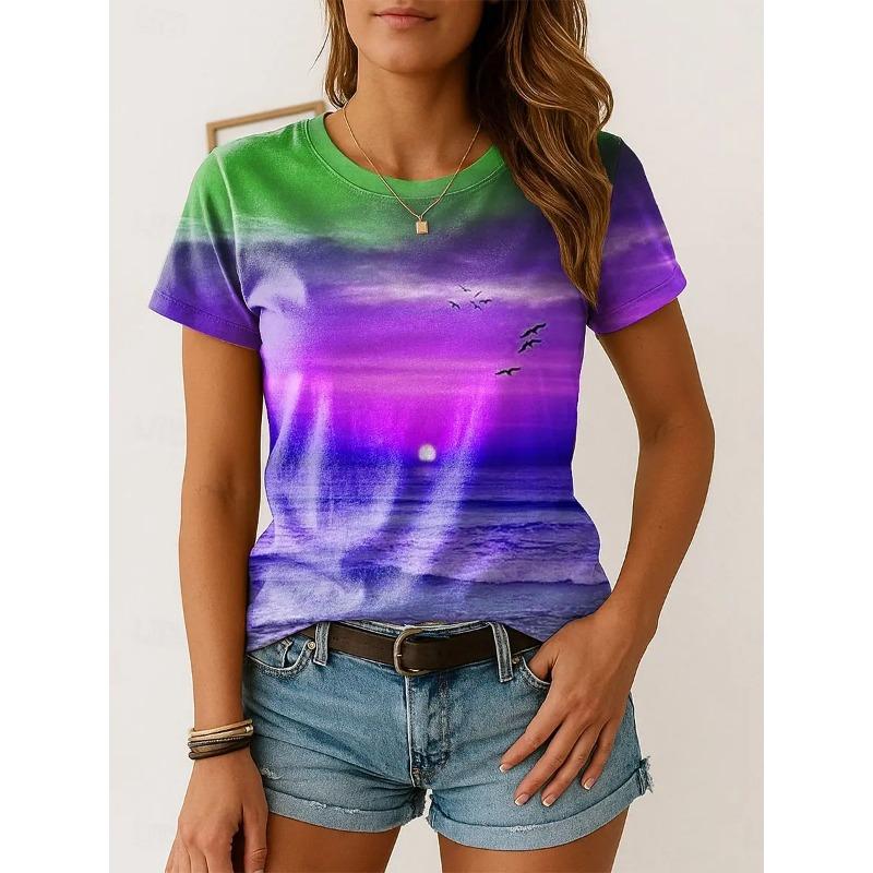Summer Women's Color 3D Printed Crew Neck T-Shirt