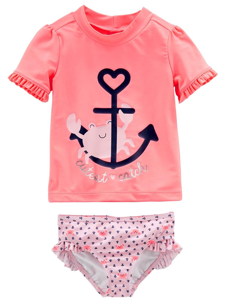Simple Joys by Rash Guard Swimsuit Set for Baby Salmon Pink with Anchor Sizes Carter's 2-Piece Girls, Crab/Pink Print, 76-81