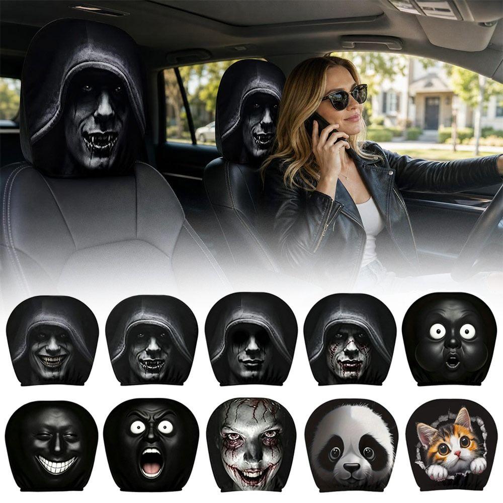 2 Pezzi Coprisedile Auto con Stampa Faccia Spaventosa Protezione Elastica per Poggiatesta Auto Accessori Interni Auto