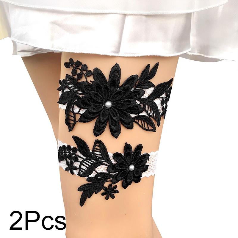 2 stücke Hochzeit Braut Strumpfbänder Spitze Blumen Nachahmung Perlen Elastische Bein Schleife Elegante Oberschenkel Bein Strumpfband Hochzeit Kleid Zubehör