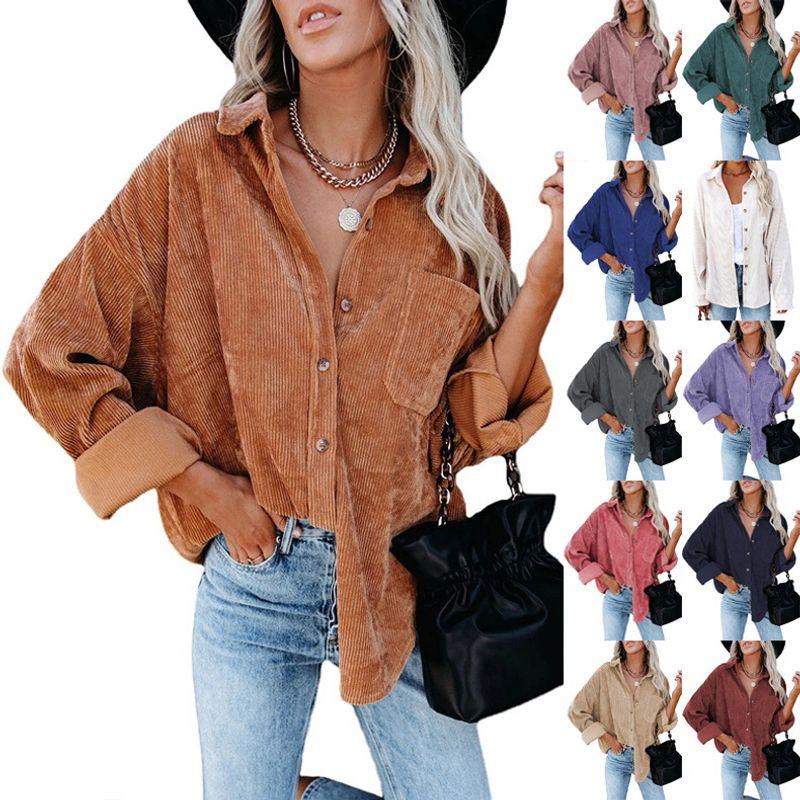 

2025 WOMEN S Shirt Solid Color Lapel Corduroy Casual Jacket Color blue L