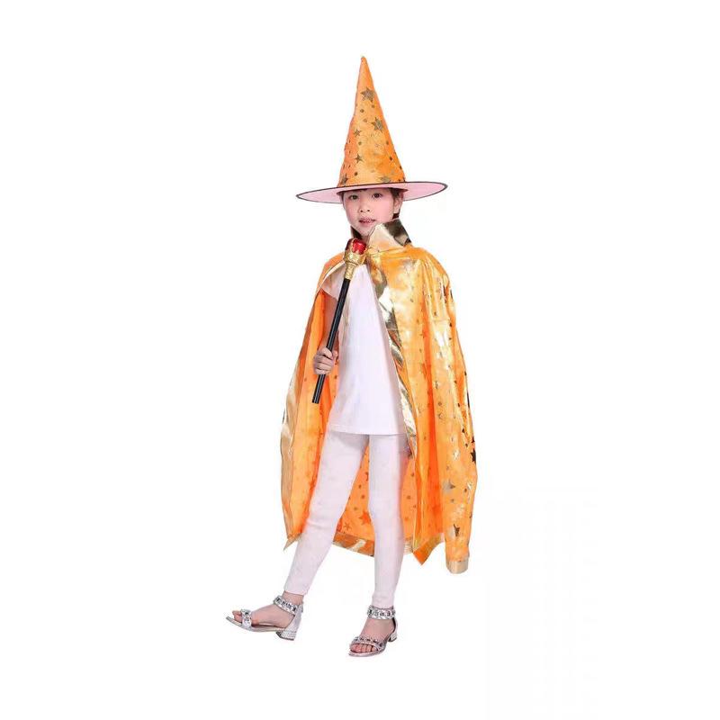 2pcs Halloween Cloak Children's Performance Costume Little Witch Magician Cosplay Five Star Cloak Hat Set Holiday Dress Up