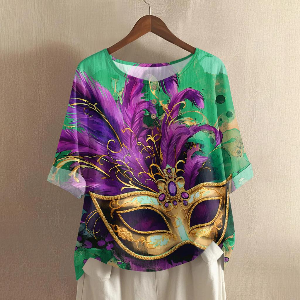 Damska casualowa i wygodna bawełniano-lniana bluzka z okrągłym dekoltem, średniej długości, z modnym nadrukiem