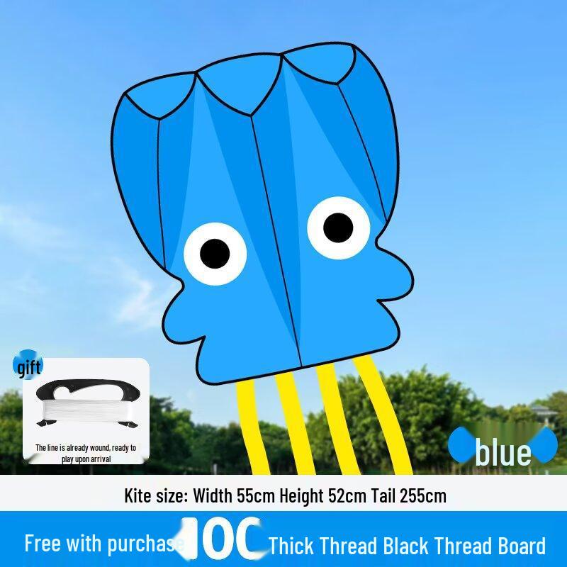 Kids Foldable Cartoon Octopus Kite - Portable & Frameless Outdoor Toy Blue Soft Octopus - 100m Line Board - 1 pc