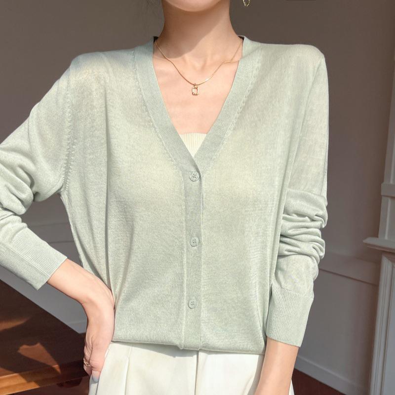 

Women s Black V-Neck Ice Silk Long Sleeve Sunscreen Cardigan - Korean Style Fashion Shirt Medium