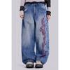 Y2K Embroidered Denim Jeans Women - Wide Leg Straight Cut Mid-Rise Light Wash Slightly Stretchy Streetwear Chic
