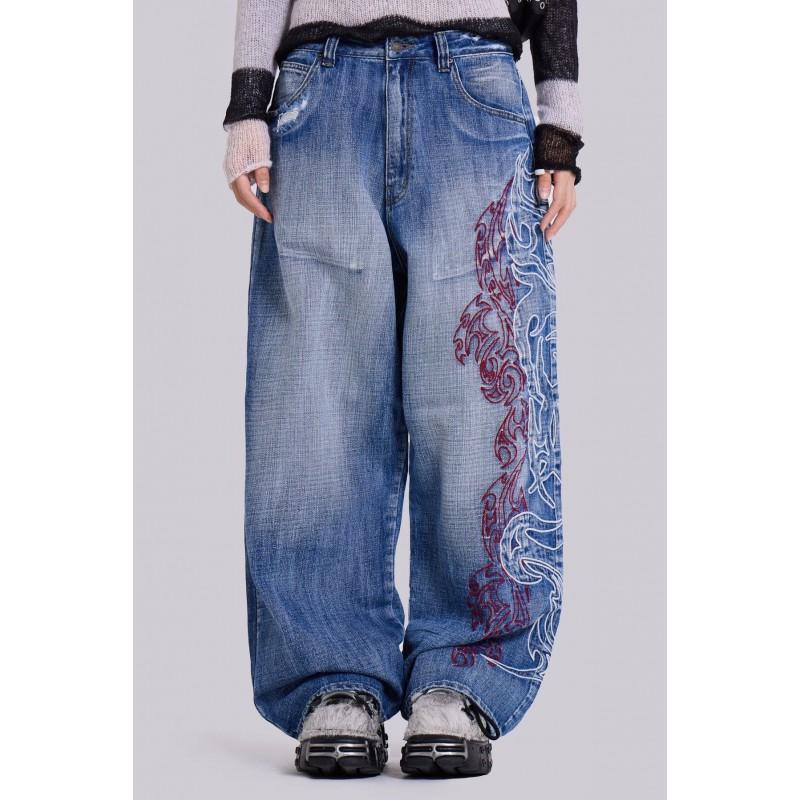 Y2K Embroidered Denim Jeans Women - Wide Leg Straight Cut Mid-Rise Light Wash Slightly Stretchy Streetwear Chic