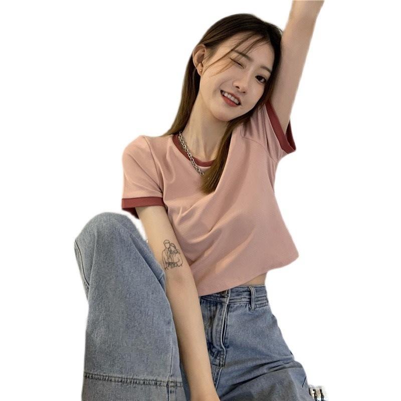 Design sense splicing short-sleeved T-shirt women's summer Korean women's clothing short high-waisted contrasting slim-fit top, fashion clothing