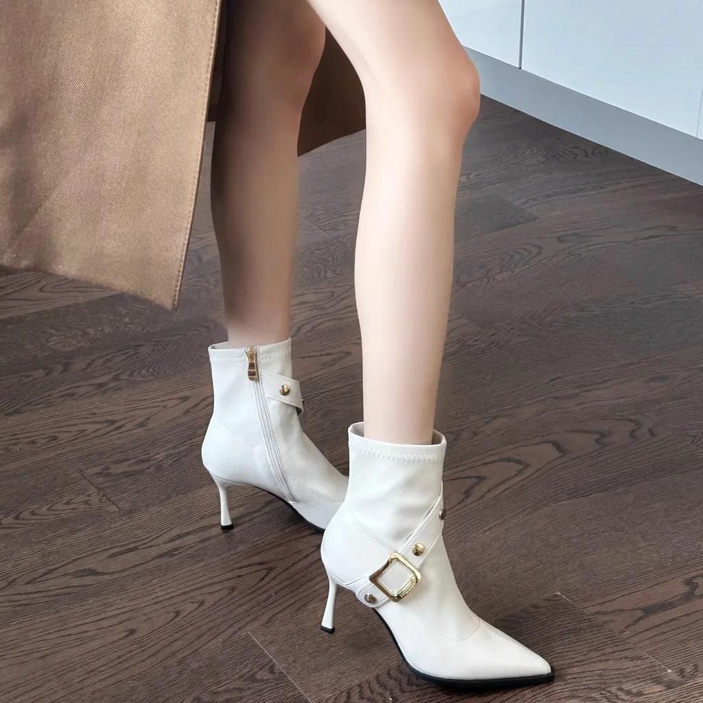 Women High Heels Boots Temperament Pointed Ankle Boot Quality High Heels Leather Boots for Women Belt Buckle Design Fashion Boot