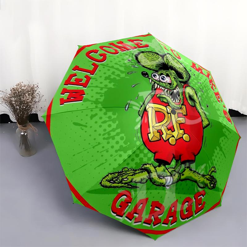 1pc Rat Fink pattern Umbrella Portable Folding Umbrella Iron Frame Hole Bone Structure Outdoor Home Umbrella