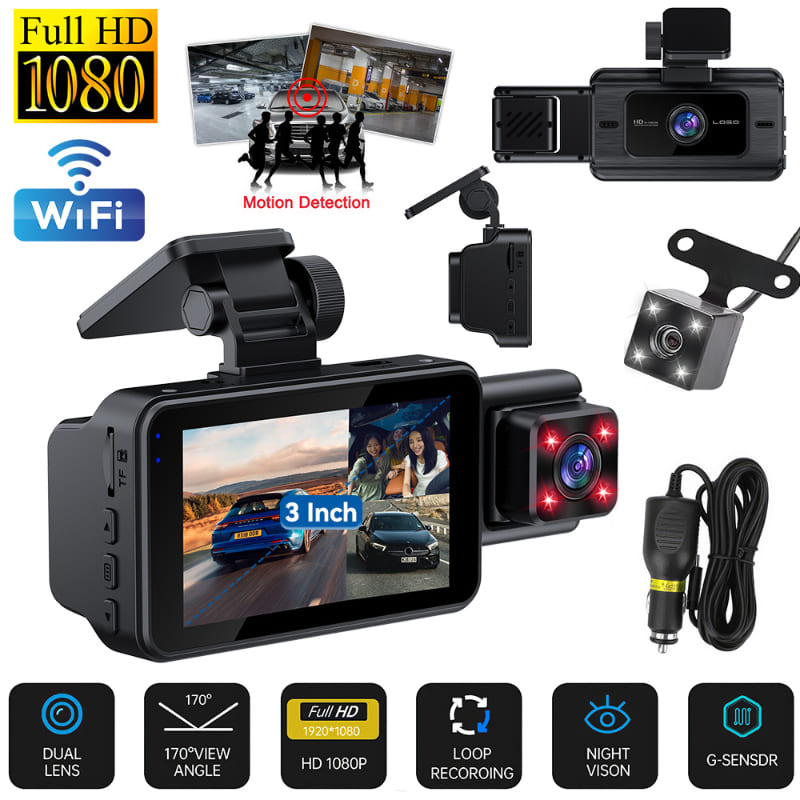 Kamera samochodowa 3-kanałowa Wifi Obiektyw kabinowy Rejestrator samochodowy DVR 1080P Kamera wewnętrzna Rejestrator pojazdu Rejestrator wideo Kamera samochodowa Kamkorder Czarna skrzynka