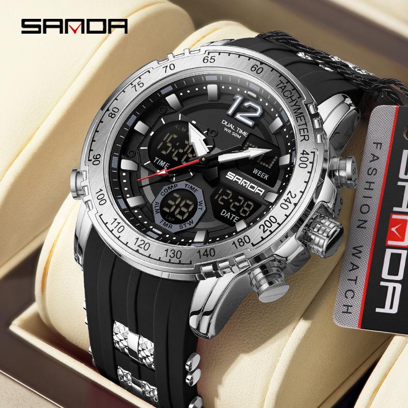 Sanda Men's Multifunctional Waterproof Sport Watch with Dual Time Display