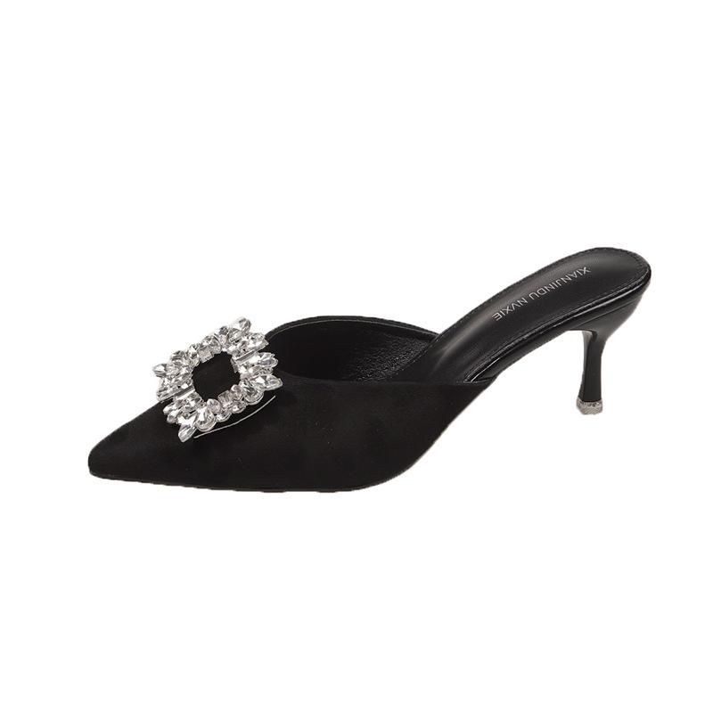 Square Buckle Rhinestone Bag Head Half Slippers Women's Outer Wear Summer 2025 New Thin Heel Short Heel Lazy Sandals Muller Shoes Women