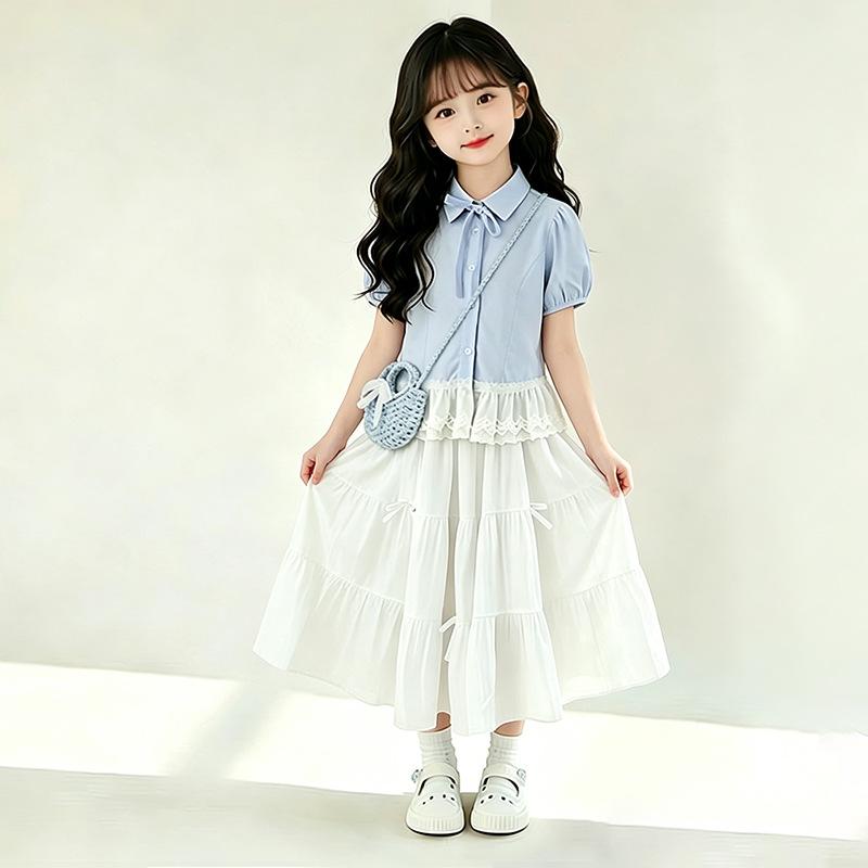 Girls Summer Preppy 2 Piece Set Ruffle Short Sleeve Shirt And Tiered Cake Skirt Outfit For Big Kids