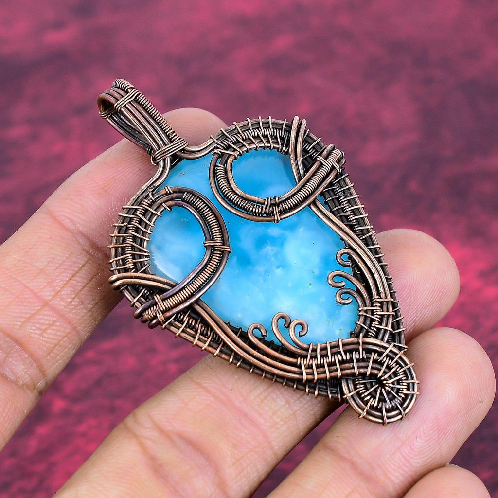 Hemimorphite Gemstone Pendant Copper Wire Wrapped Pendant Handmade Dainty Jewelry