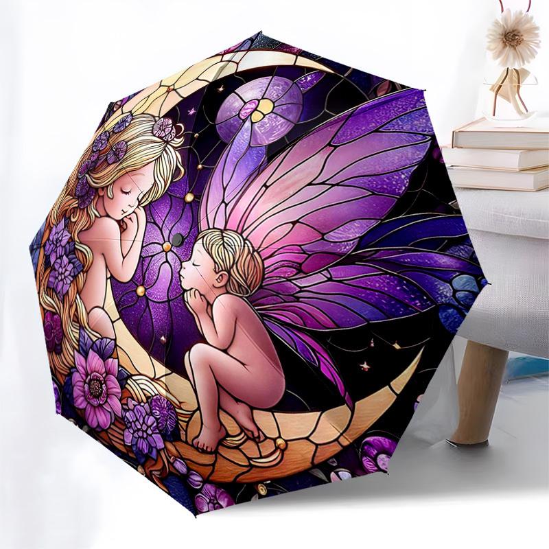 

1pc Stained Glass Fairy Moon Umbrella - Automatic Opening & Closing, Portable 3-Fold Design, 8-Rib Iron Frame, Outdoor Umbrella, Ideal Gift for Fans,