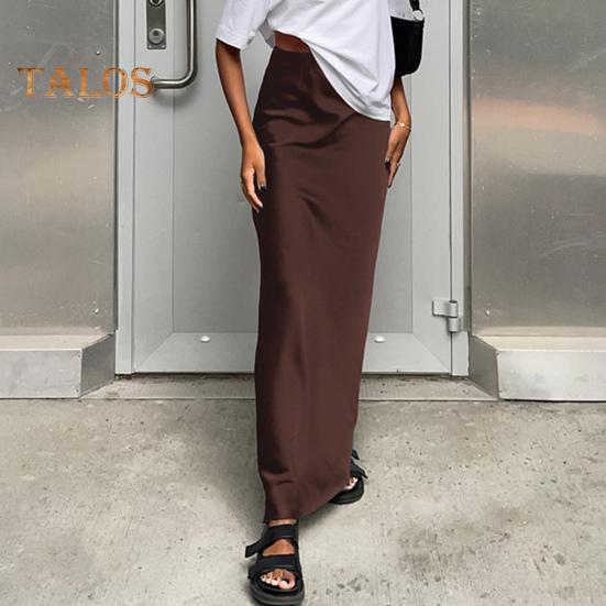 Damen Satinrock, hohe Taille, Midi-Langer Rock, schmaler Wickelrock, Hüftrock in A-Linie, Kunstseide, für Frühling, Sommer, Streetwear