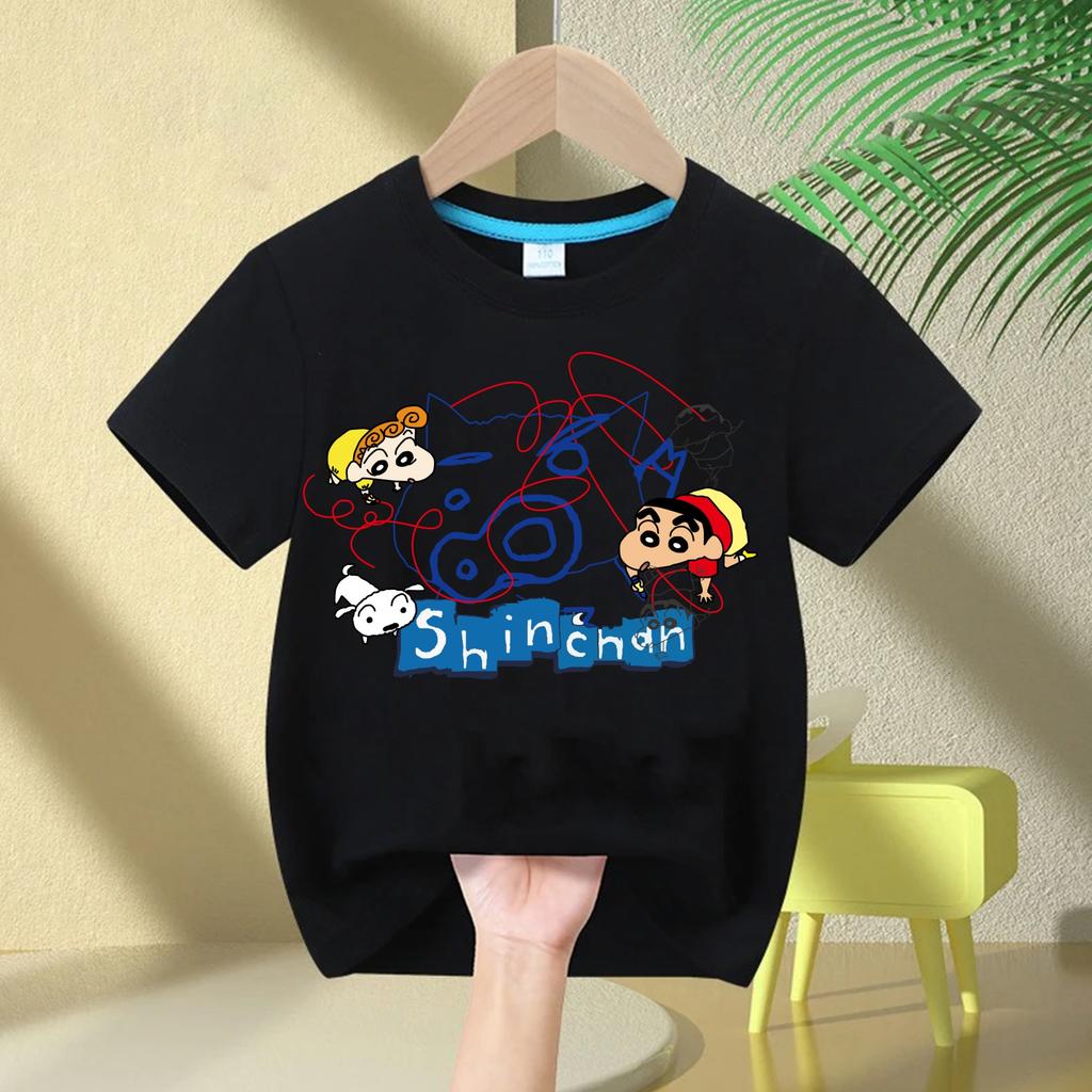 2026 New Summer Cotton Cartoon Crayon Shinchan Print TShirt Summer Fashion Casual Round Neck Cotton Childrens Top