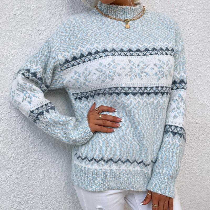 2024 Autumn and Winter Fashion Christmas Snowflake Pattern Semi-turtleneck Sweater Pullover Women's Clothing