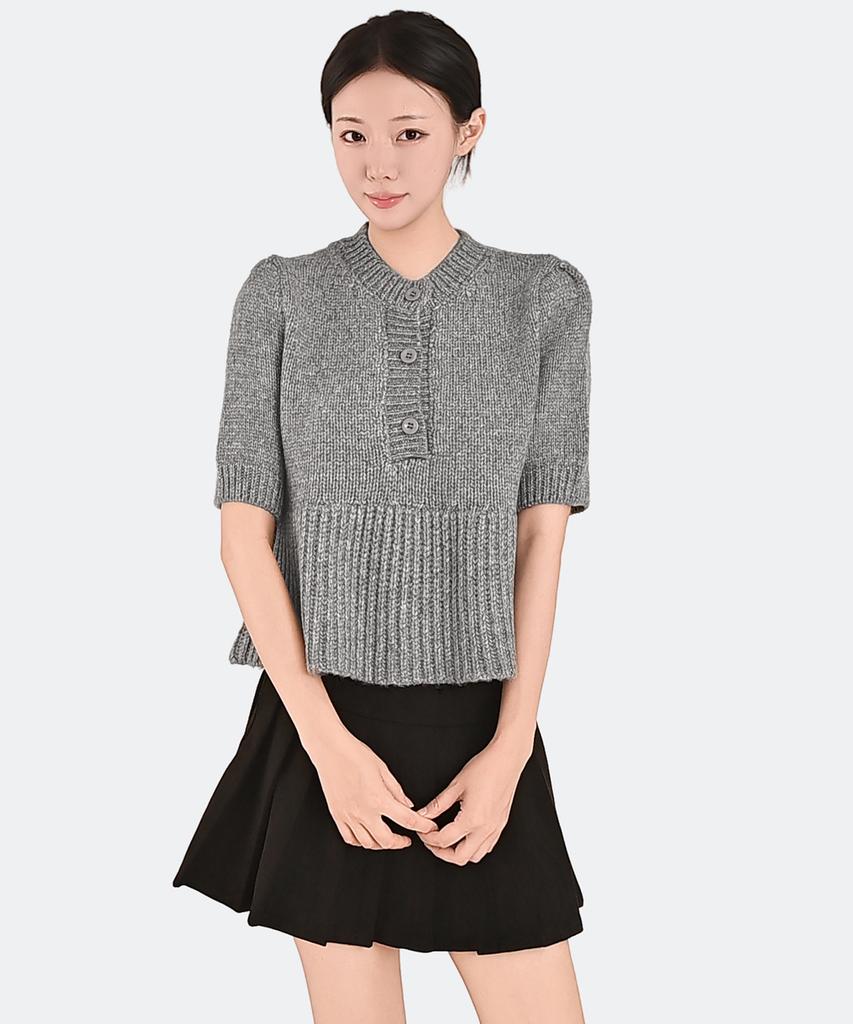 Keulleiseu Princess Puff Sleeve A-Line Short Sleeve Knit_Navy