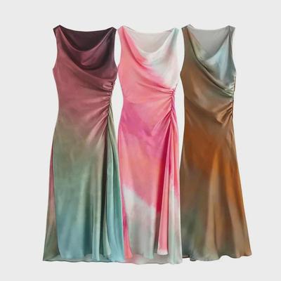 Sleeveless Tie-Dye Satin Midi Dress: 2024 Slim-Fit European & American Style