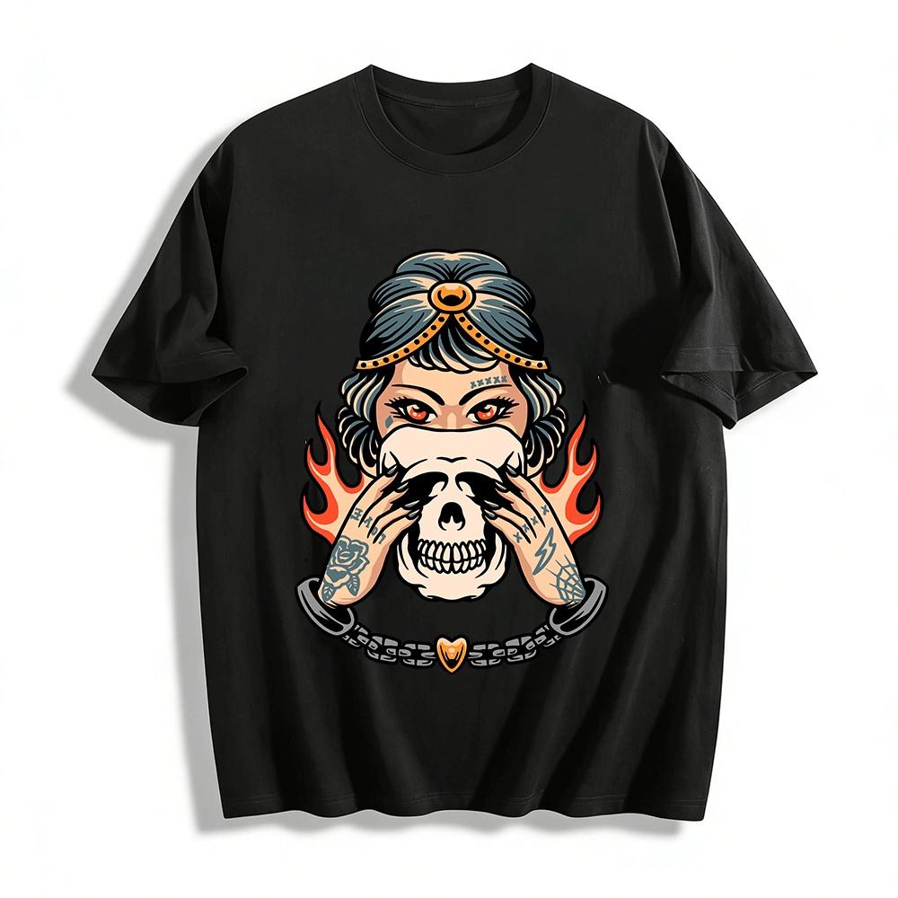 

Dark Retro Skull Girl Print Casual Top For Men Women Pure cotton T-shirt XXS