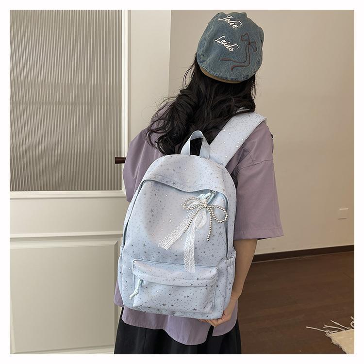 

Women Star Canvas Bookbag Multi-Pockets Laptop Backpacks Bookpack Large-capacity with Bowknot Pendant for Commute Daily Use синий