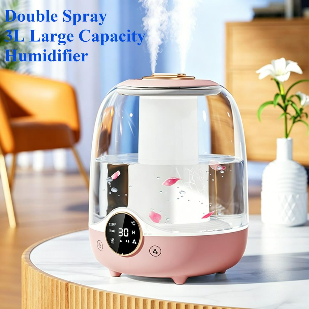 Double Spray 3L Large Capacity Humidifier with 7 Color Lights and Digital Display Screen for Silent Operation for Office Home