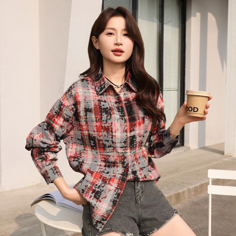 Loose Tie Dye Versatile Trendy Casual Top Shirts Jacket Spring and Autumn Checkered Long Sleeved Printed Women's Shirts