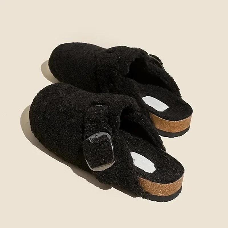 Fashion Warm Thicken Lamb Wool Birken Slippers Women 2024 Winter Fur Flat Mules Shoes Woman Brand Designer Thick Bottom Outdoor Slides
