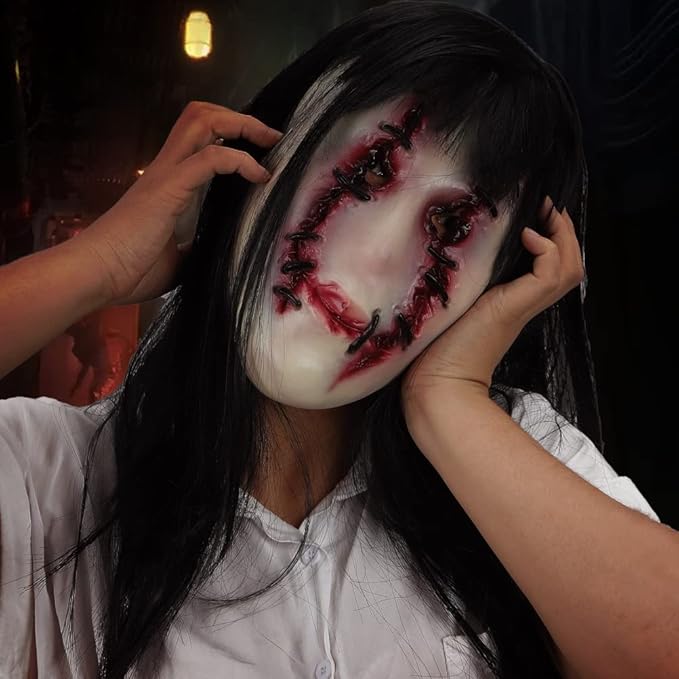 Japanese-style horror latex mask featuring a black-haired, stitched-face female ghost.