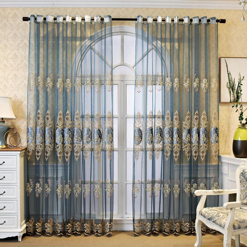 Blue Jacquard Window Sheer Curtain, Window Treatment for Living Room Bedroom Balcony Home Decor