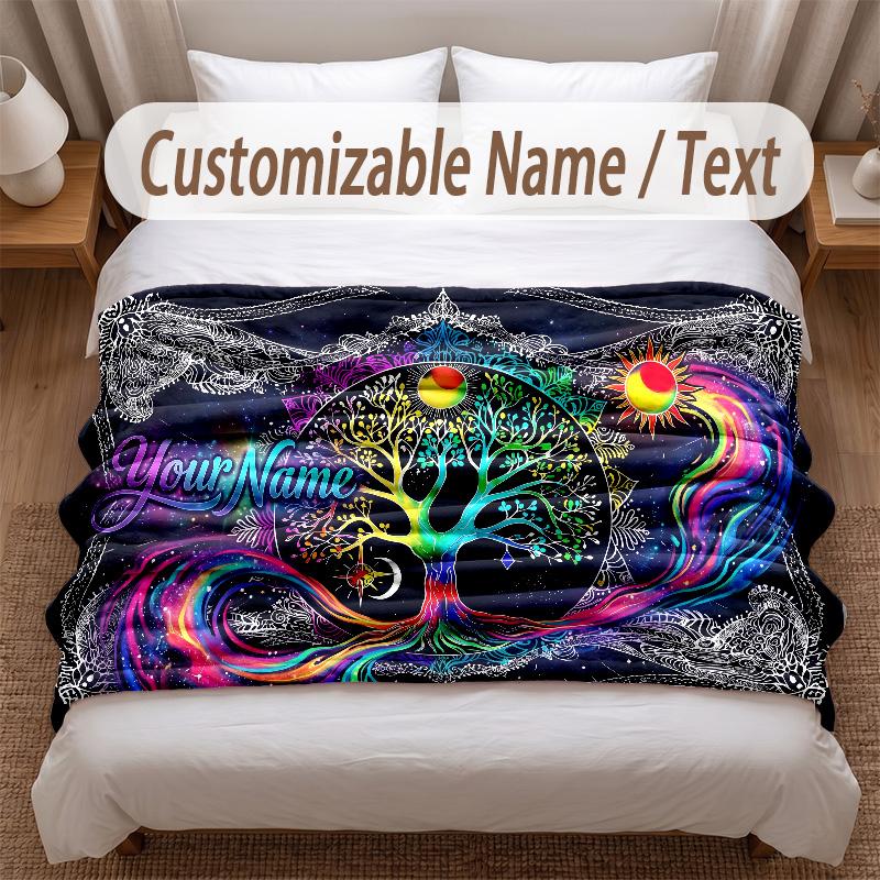Tree of Life Theme Soft Blanket Personalized Custom Name Text Print Warm Blanket Home Sofa Bedroom Decor