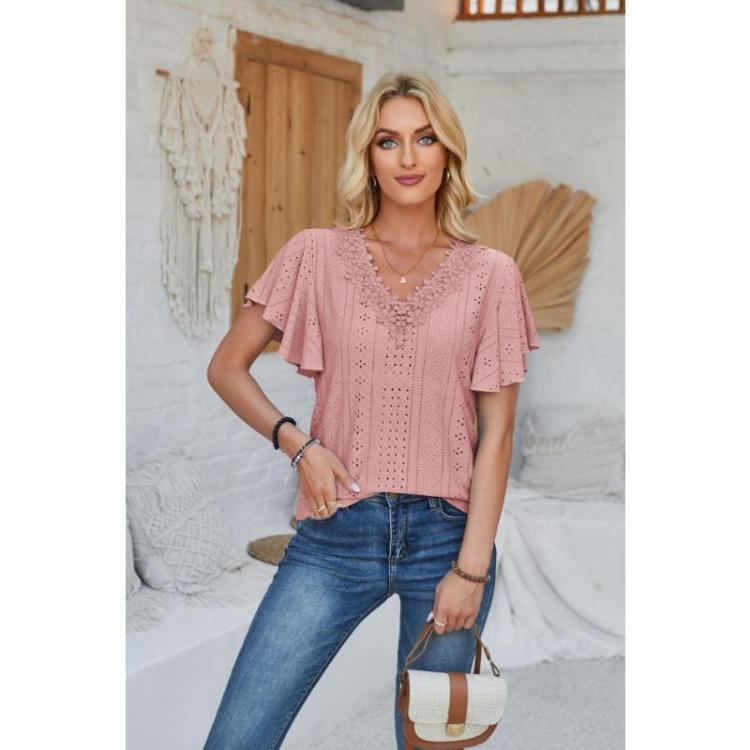New Fashion Women's Lace V-neck Loose T-shirt Solid Color Ruffled Sleeves Spring Summer