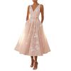 Sleeveless V Neck Floral Print Midi Dress Wrap Waist Tie Elegant Evening Party Dress for Women