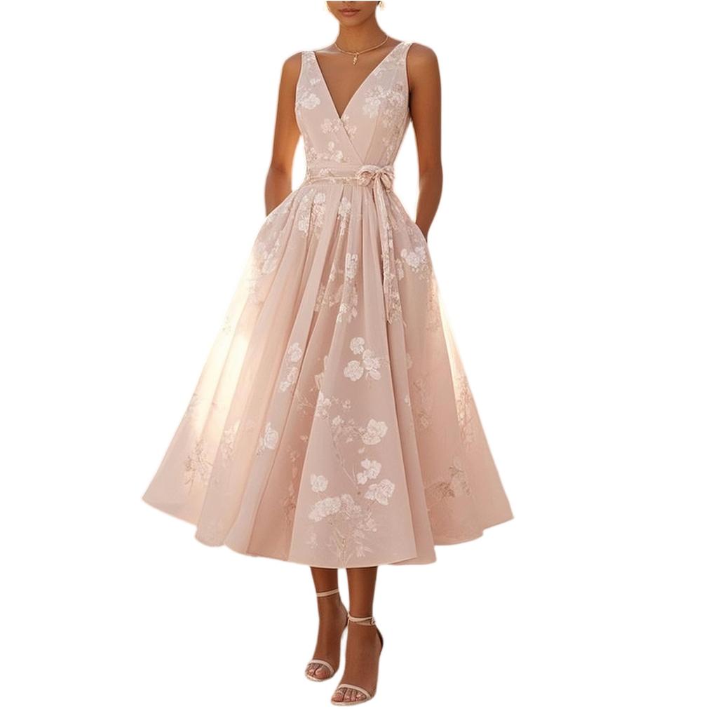 Sleeveless V Neck Floral Print Midi Dress Wrap Waist Tie Elegant Evening Party Dress for Women