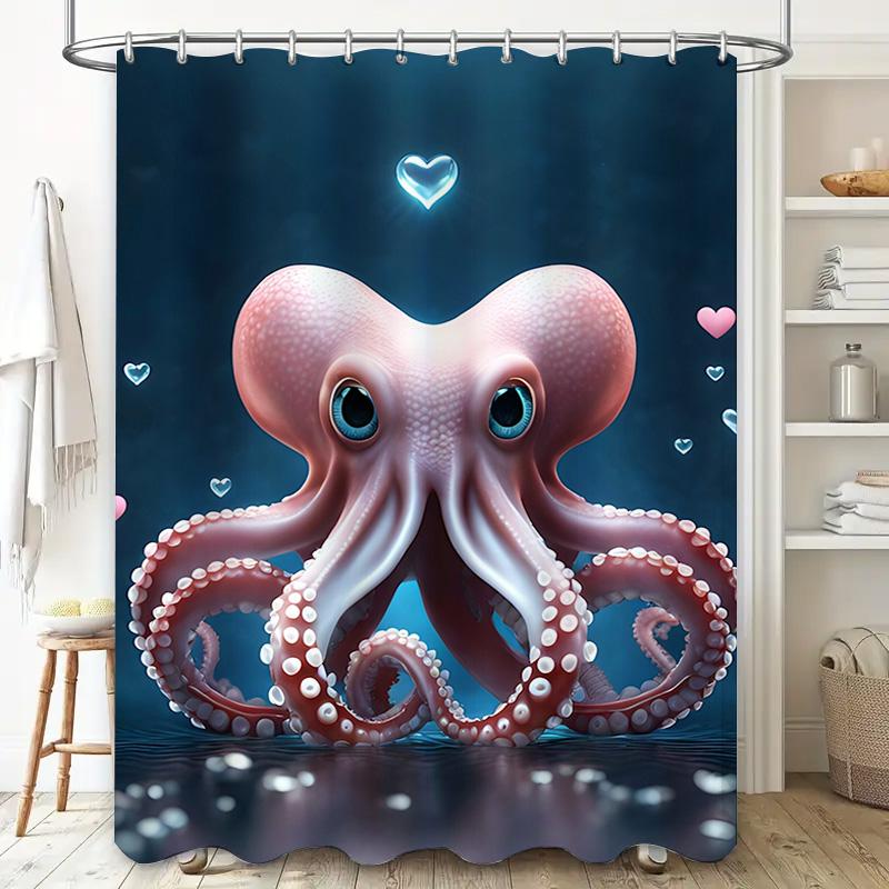 Stylish Octopus Shower Curtain with Heart Print for Bathroom Decor Blue, Pink, White Black Waterproof Fabric with Hooks Set
