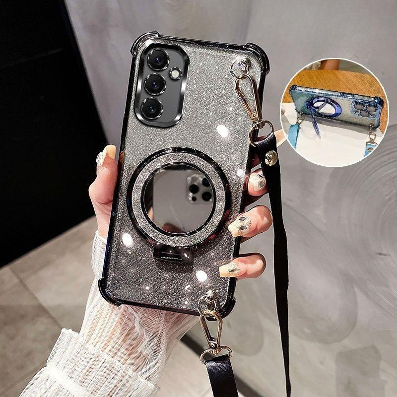 For Samsung Galaxy A16 A26 A36 A56 A06 A15 A25 A35 A55 A14 A24 A34 A54 4G 5G Case Crossbody Lanyard Plating Mirror Holder Cover