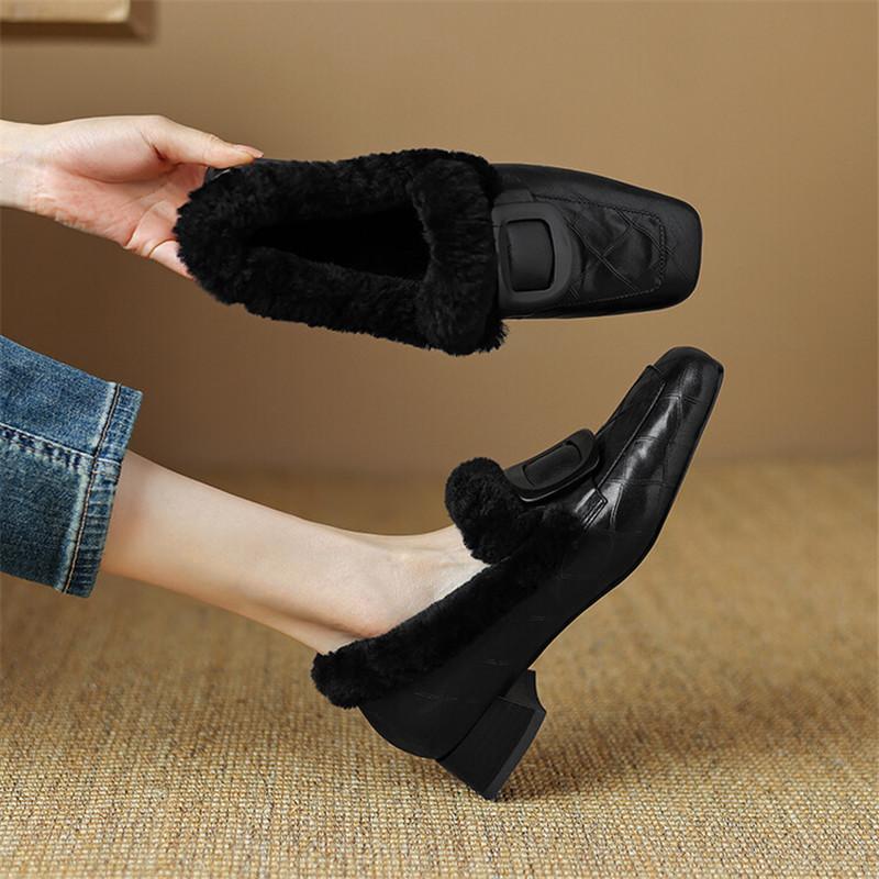 Fashion New Winter Genuine Leather Women Loafers Shoes for Women Square Toe Woman Shoes Low Heels Wool Women Pumps Zaptos Mujer