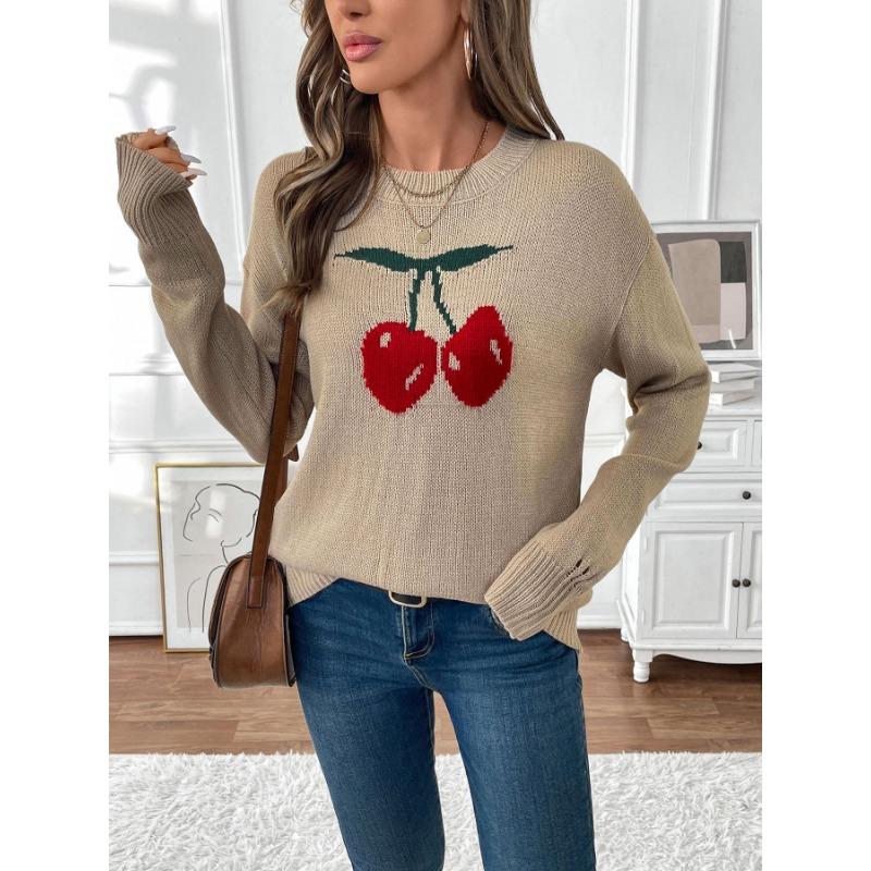 Autumn Winter Round Neck Cherry Jacquard Loose Casual Pullover Sweater Women Sweet Knitting Bottomed Top