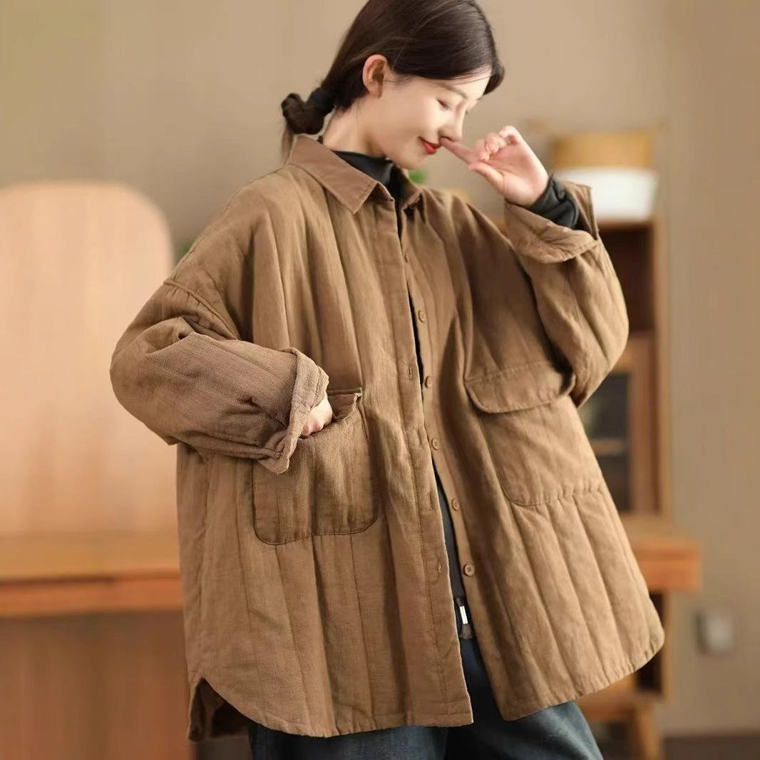 

Johnature Women Vintage Warm Jackets Solid Color Coats Winter Turn-down Collar Long Sleeve Patchwork Pockets Jackets One Size хакі