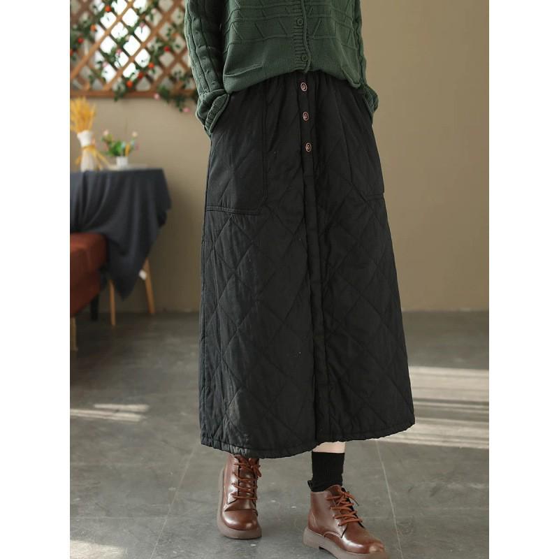 Vintage Diamond-Quilted Padded Winter Skirt with Pockets - Slimming, Warm, and Versatile Cotton Half Skirt for Women