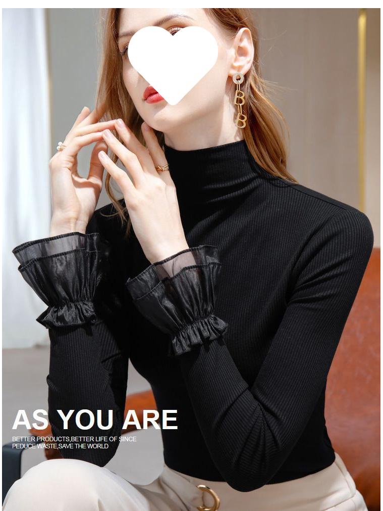 European Bell Sleeve Mesh T-shirt for Women - Slim Fit, Half-High Collar, Autumn/Winter 2025 Collection