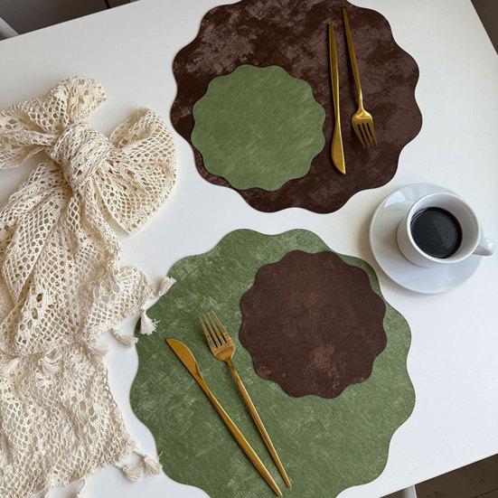 Yousheng Round Wavy Flower Placemat, Waterproof Oil-Proof Placemat, Artificial Leather Heat Insulation Table Mat Coaster for Dining Table